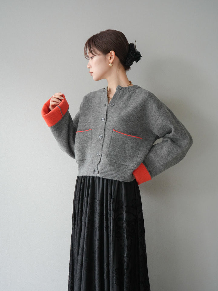 [SET]バイカラーオーバーニットカーディガン+アンティーク柄フロッキーマキシスカート(2set)