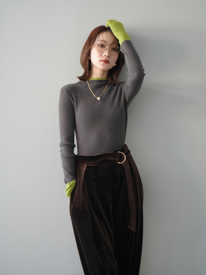 [SET]袖ボタンハイネック配色リブニットトップス+ベロアベルトスリムパンツ(2set)