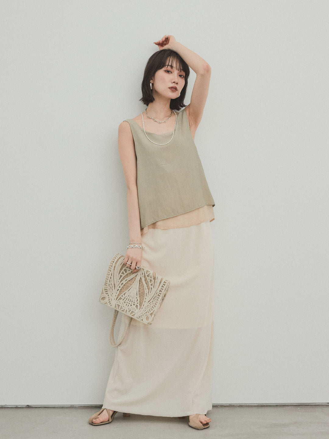 [SET]ワッシャーサテンシアーレイヤードタンクトップ+ベロアナロースカート(2set)