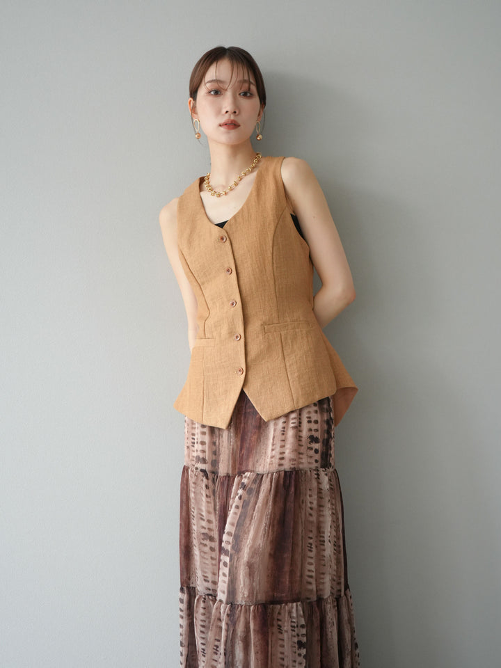 [SET]リネンタッチバックオープンベスト＆ニュアンス柄マキシスカートSET UP(2set)