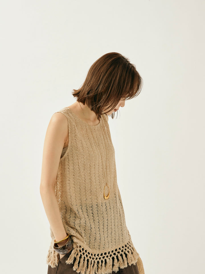 [予約]フリンジ透かし編みニットベスト/ベージュ