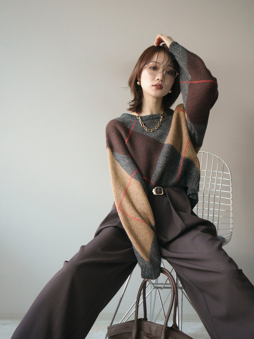 [SET]配色ステッチアーガイル柄ニットプルオーバー+配色ステッチアーガイル柄ニットプルオーバー(2set)