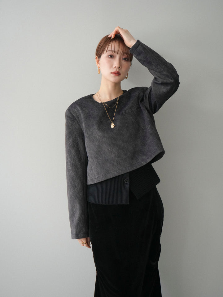 [予約]リブニットレイヤードスエードプルオーバー/charcoal
