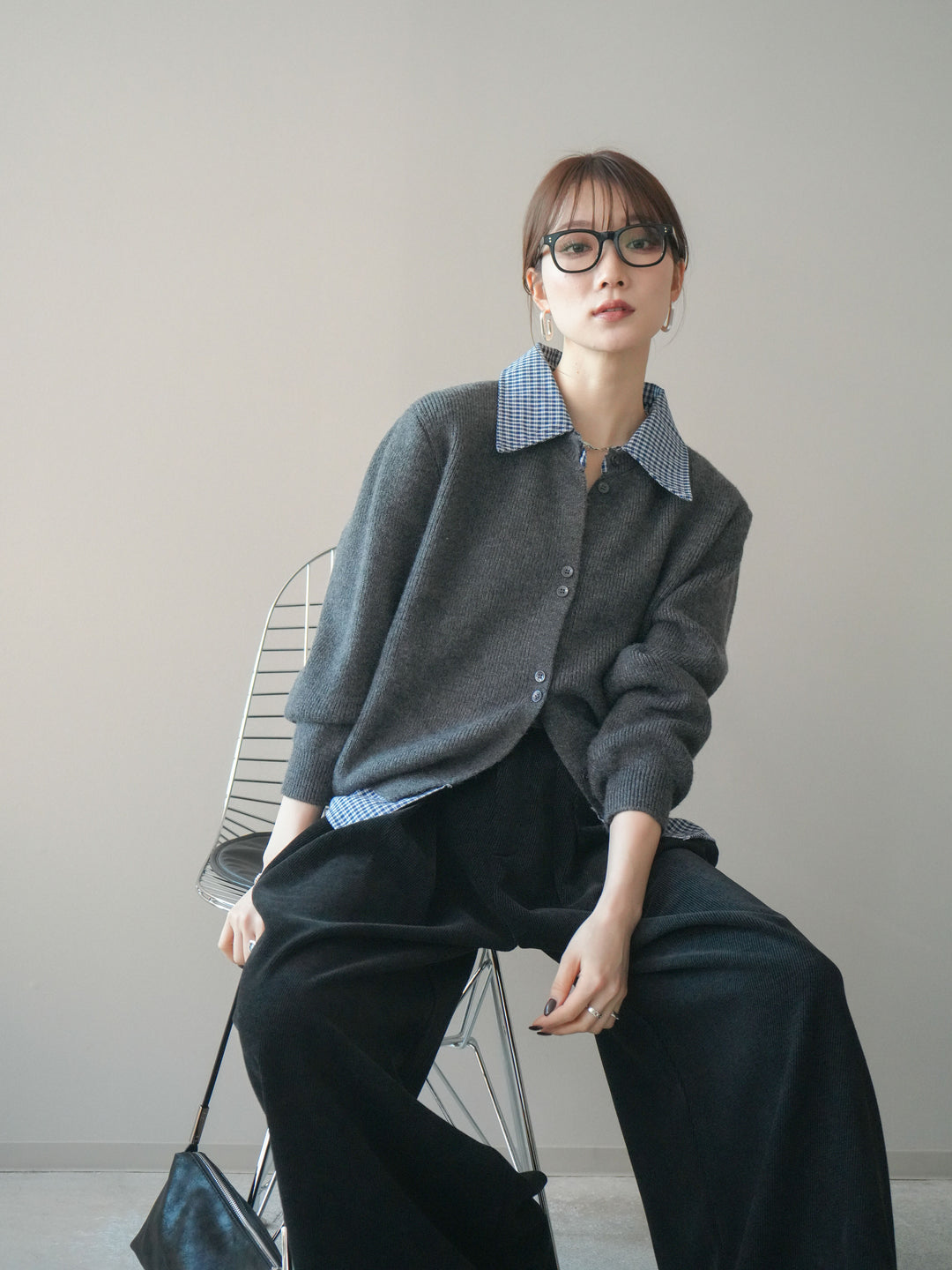 [SET]チェックシャツ襟ニットカーディガン+ベルトデザインループコールテンワイドパンツ(ベルト付き)(2set)