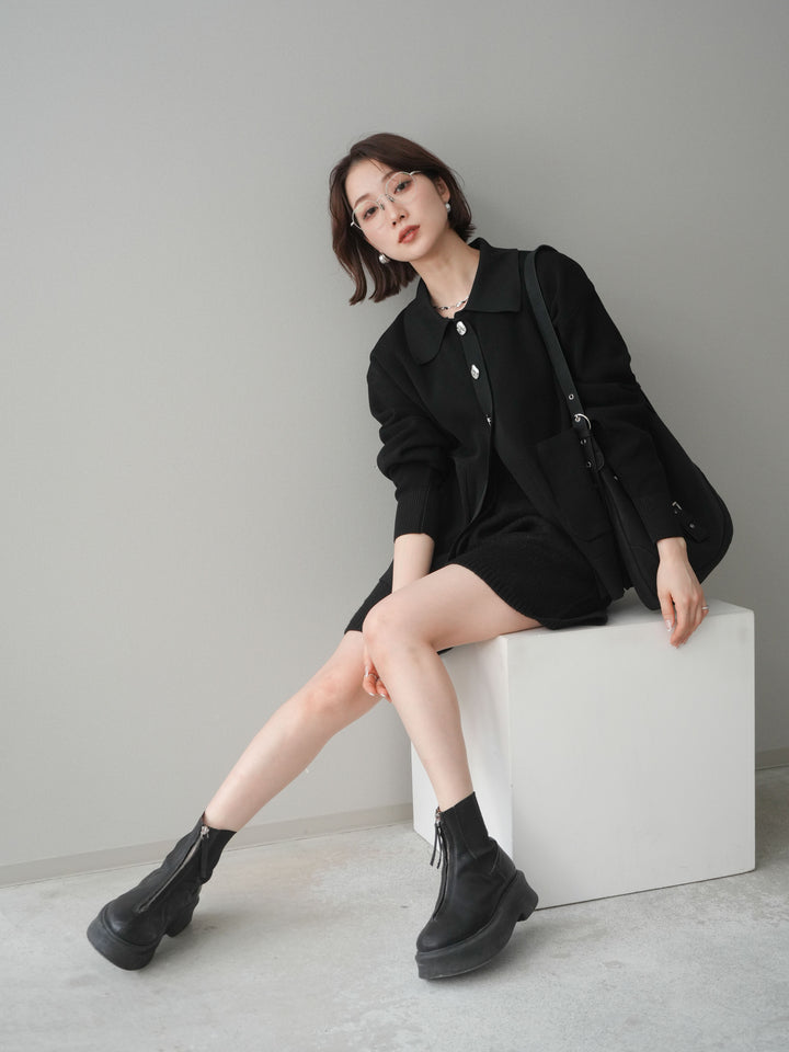 [予約]メタルボタン襟付きポリエステルニットカーディガン/black