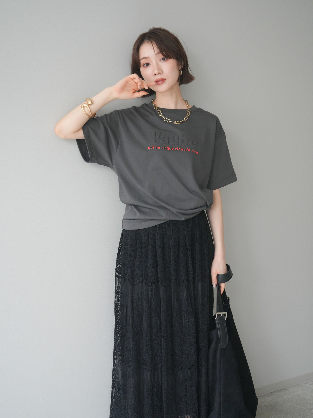 [SET]エンボスロゴTEE+裏プリーツ総レースロングスカート(2set)