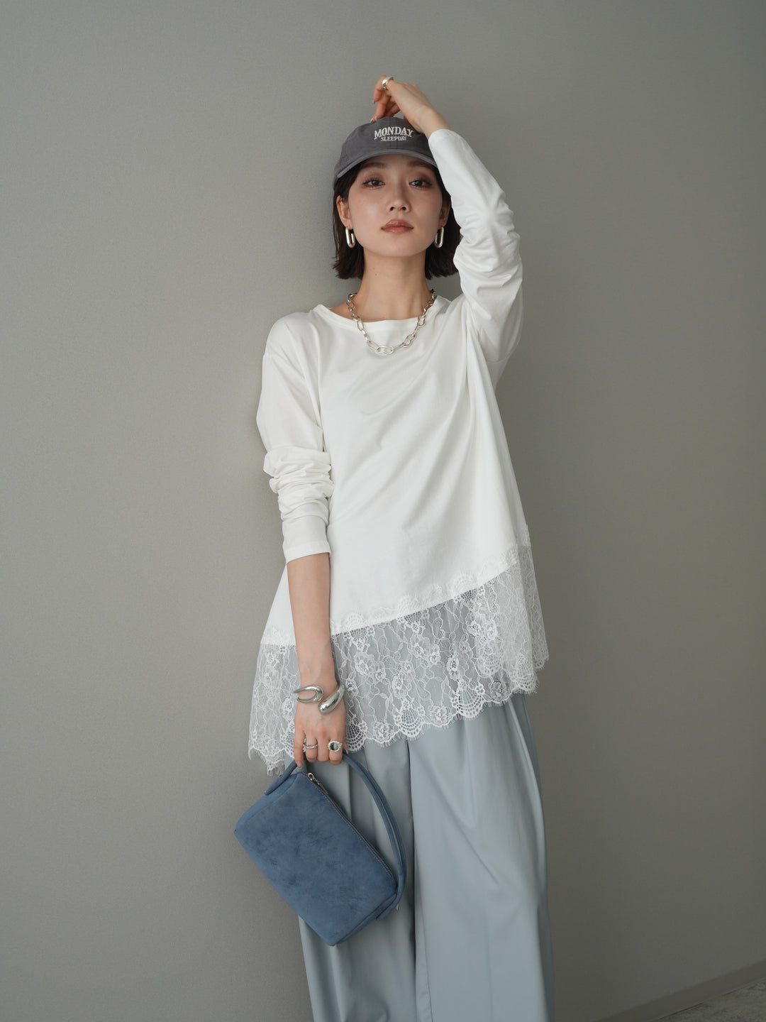 [SET]裾レースロングスリーブTシャツ+選べるアクセセット(2set)