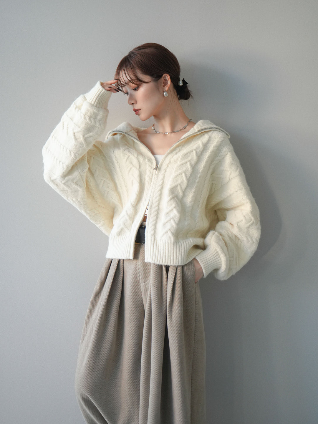 [SET]ケーブル編みハイネックZIPニットカーディガン+ベルトデザインループコールテンワイドパンツ(ベルト付き)(2set)