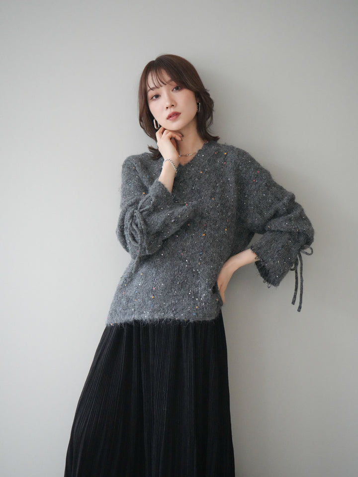 [予約]キャンディースリーブカラーネップスパンコールニットプルオーバー/gray