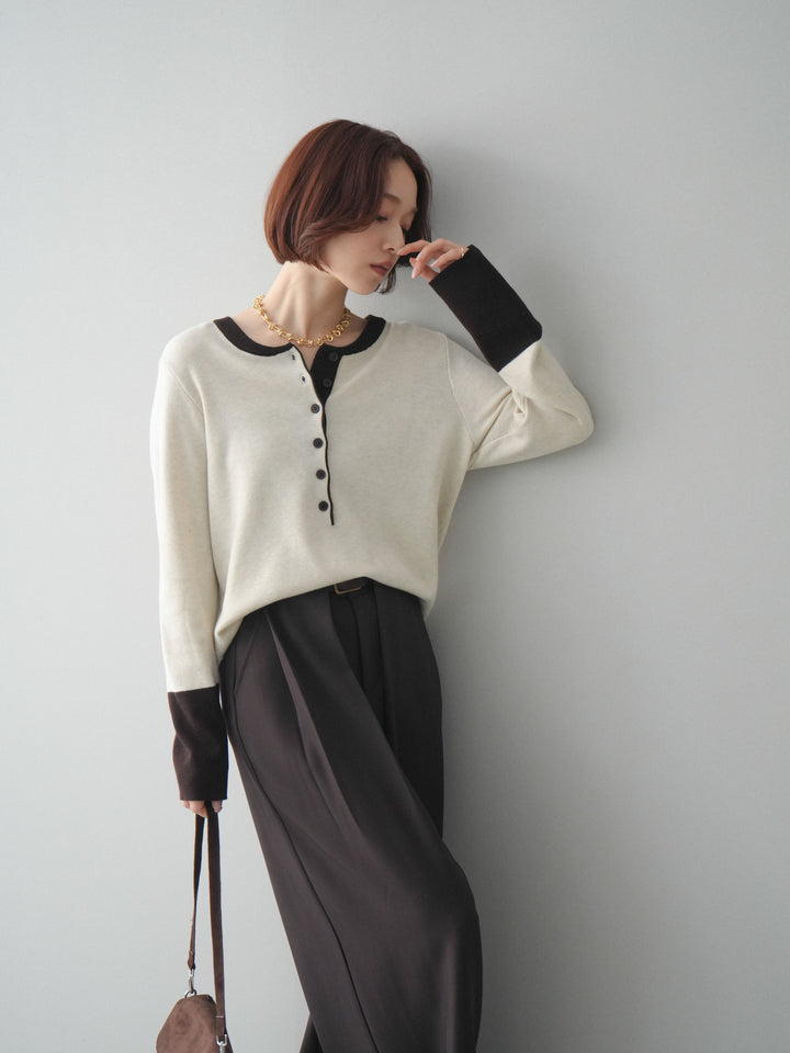 [SET]ヘンリーネック配色ニットソー+ベルトループデザインワイドパンツ(2set)