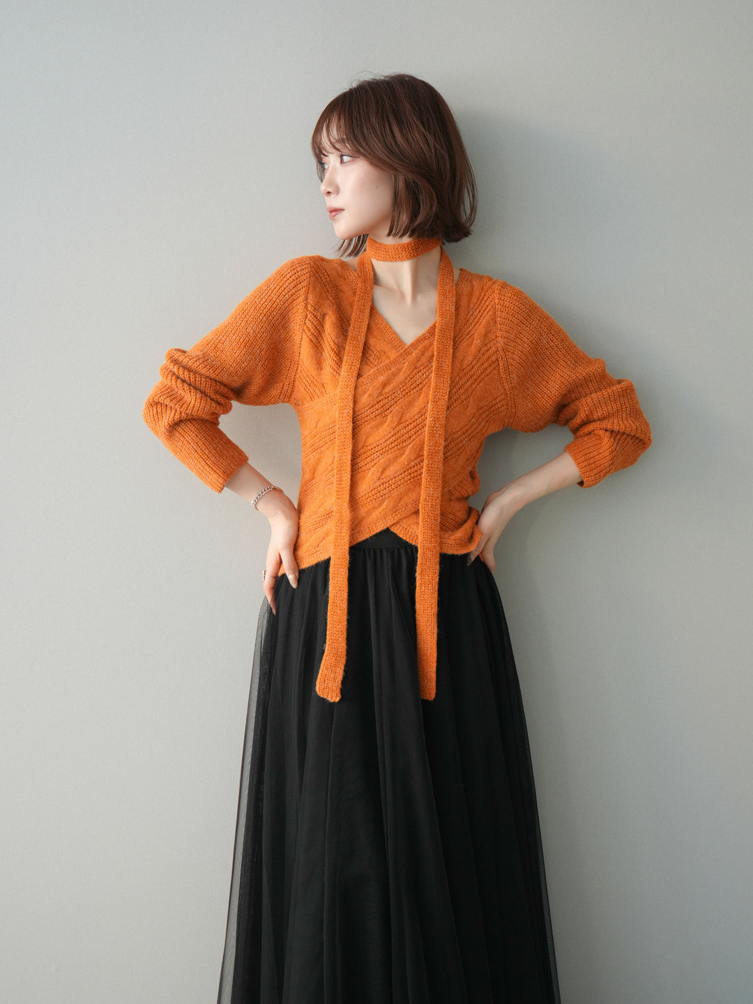 [予約]ケーブル編みクロスニットトップス/orange