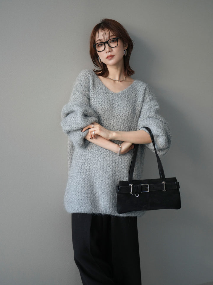 [予約]ウールタッチラメミックスヤーンVネックニットプルオーバー/lightgray