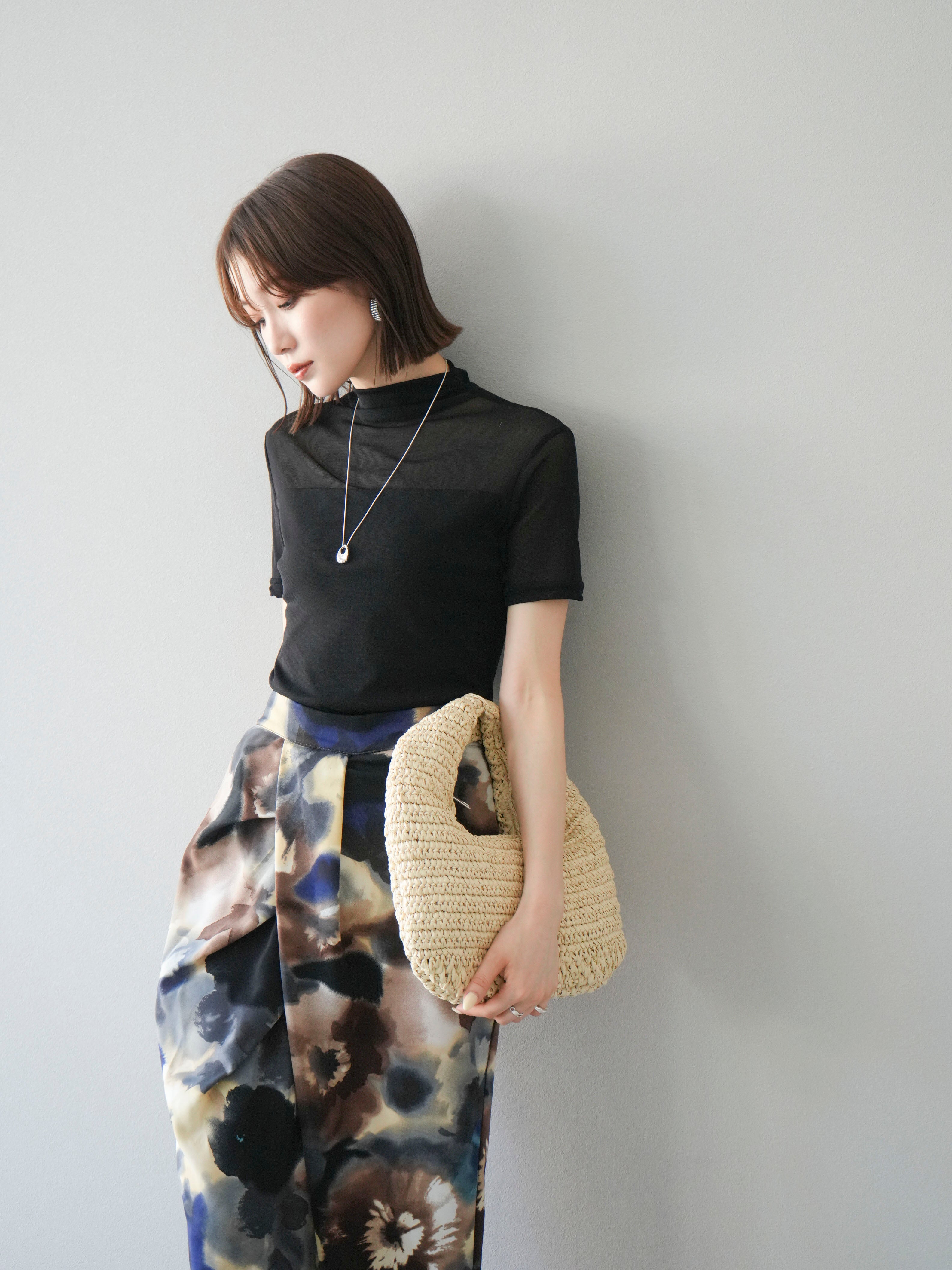 SET]シアー切替ハーフスリーブトップス+水彩タッチプリントタックI