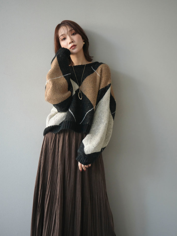 [SET]配色ステッチアーガイル柄ニットプルオーバー+裾レーススウェードプリーツマキシスカート(2set)