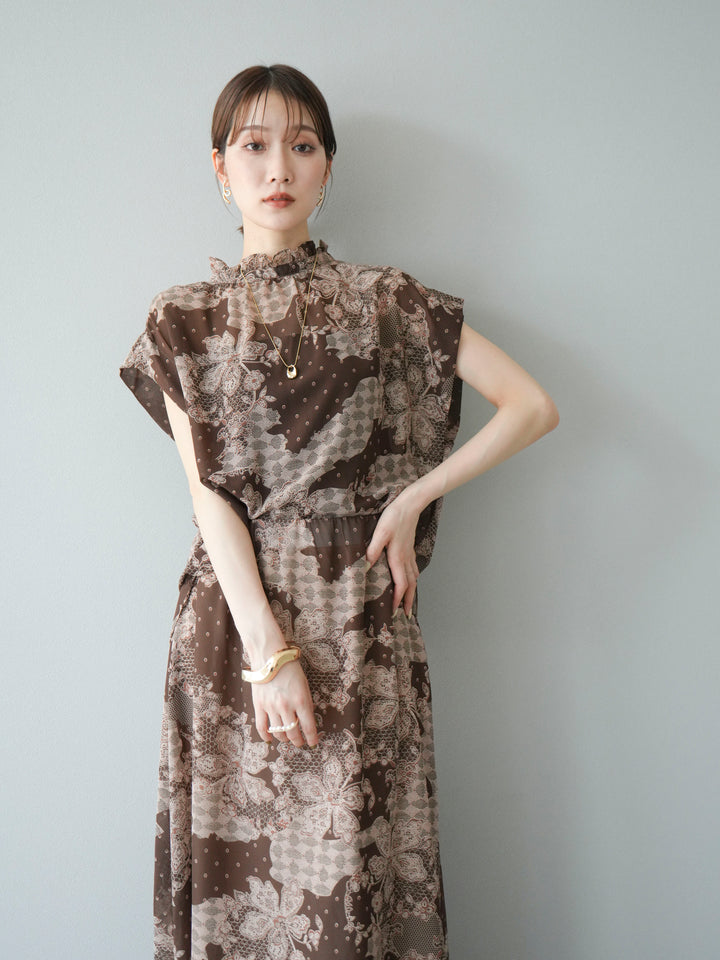 [SET] 花朵圖案法式袖襯衫 + 花朵圖案喇叭裙 (2 套)