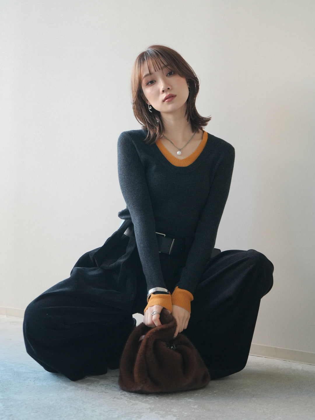 [SET]Uネック配色レイヤードリブニットトップス+Uネック配色レイヤードリブニットトップス(2set)