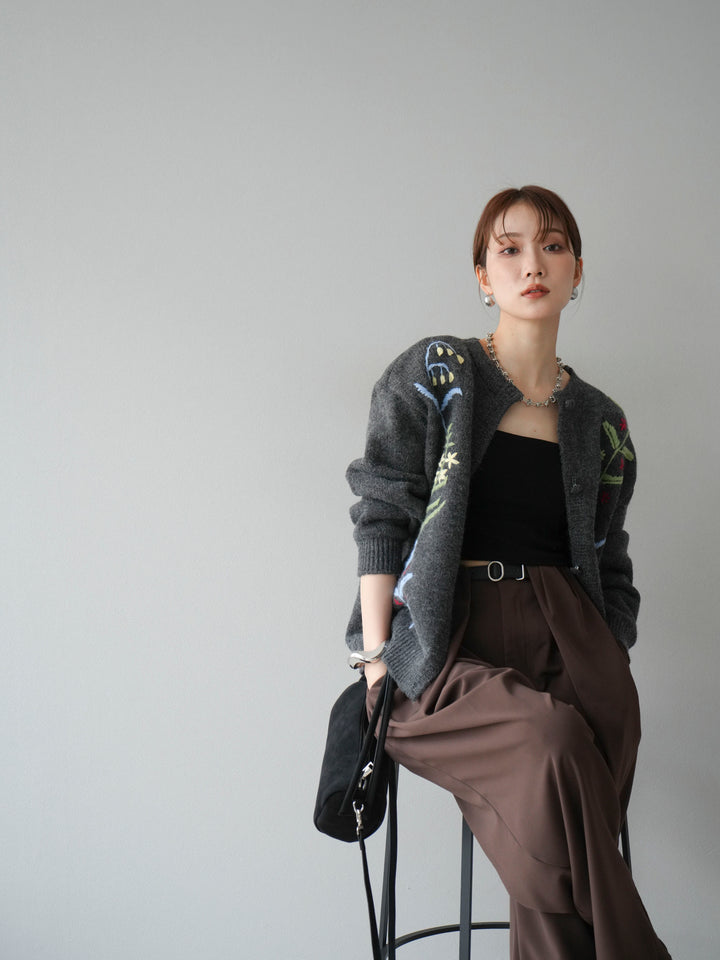[SET]フラワー刺繍ニットカーディガン+ベルト付タックワイドパンツ(2set)