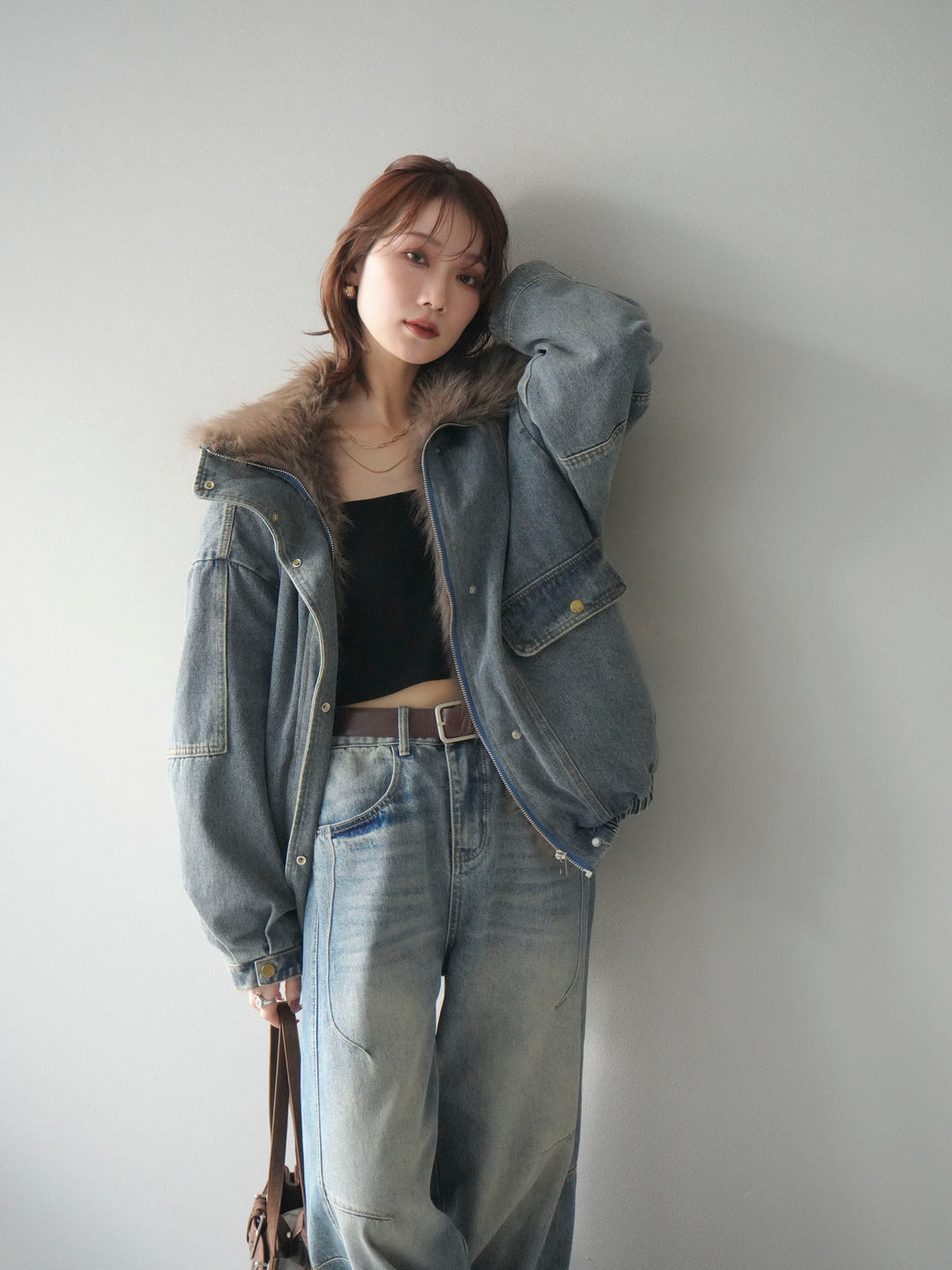 [予約]デニムxファーブルゾン/denimbrown