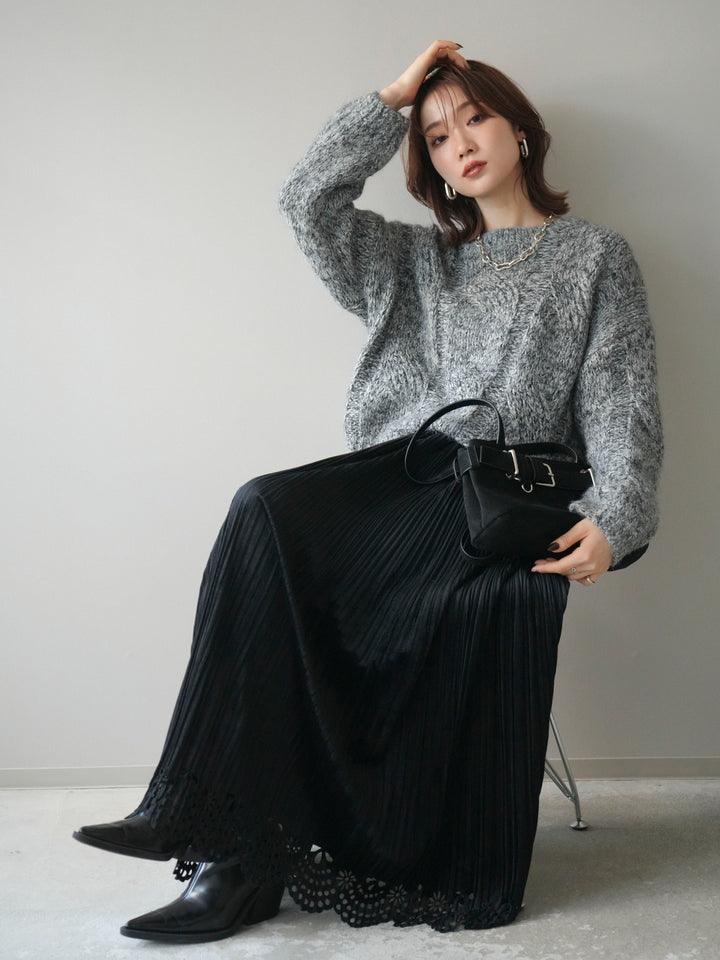 [予約]ワイドケーブルミックスニットプルオーバー/gray