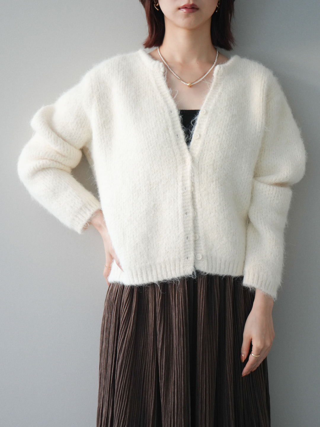 [予約]キーネックシャギーニットカーディガン/ivory