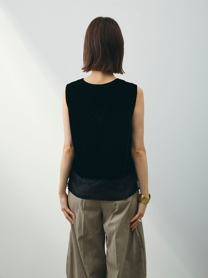 [予約]裾チュールベロアノースリーブプルオーバー/ブラック