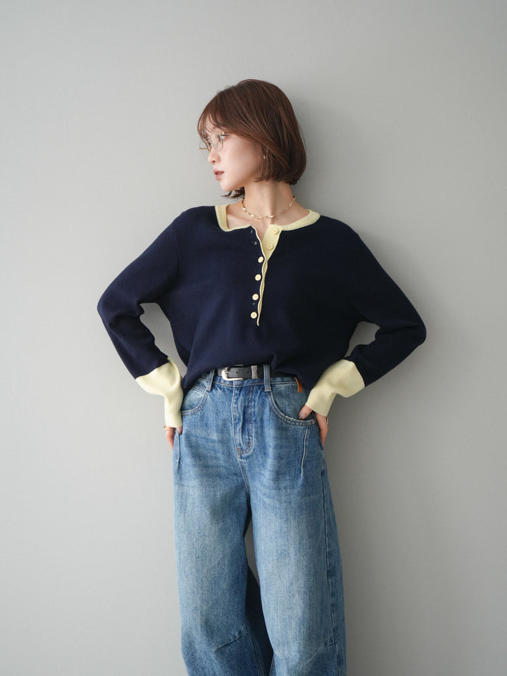 [予約]ヘンリーネック配色ニットソー/navy