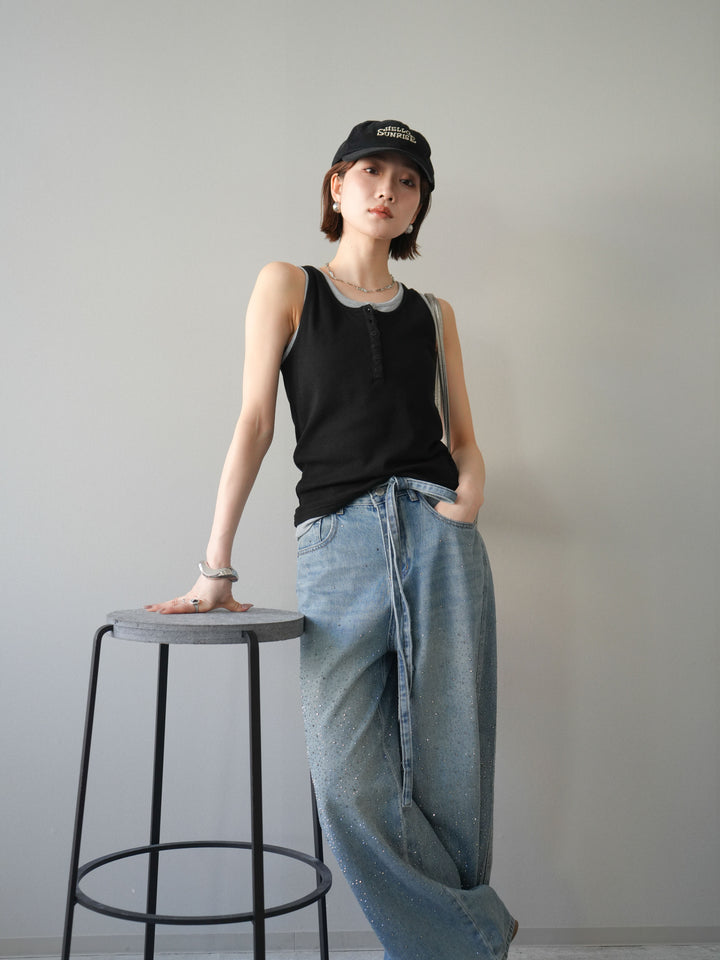 [SET]配色リブヘンリータンクトップ+ウエストベルトビジューワイドデニムパンツ(2set)