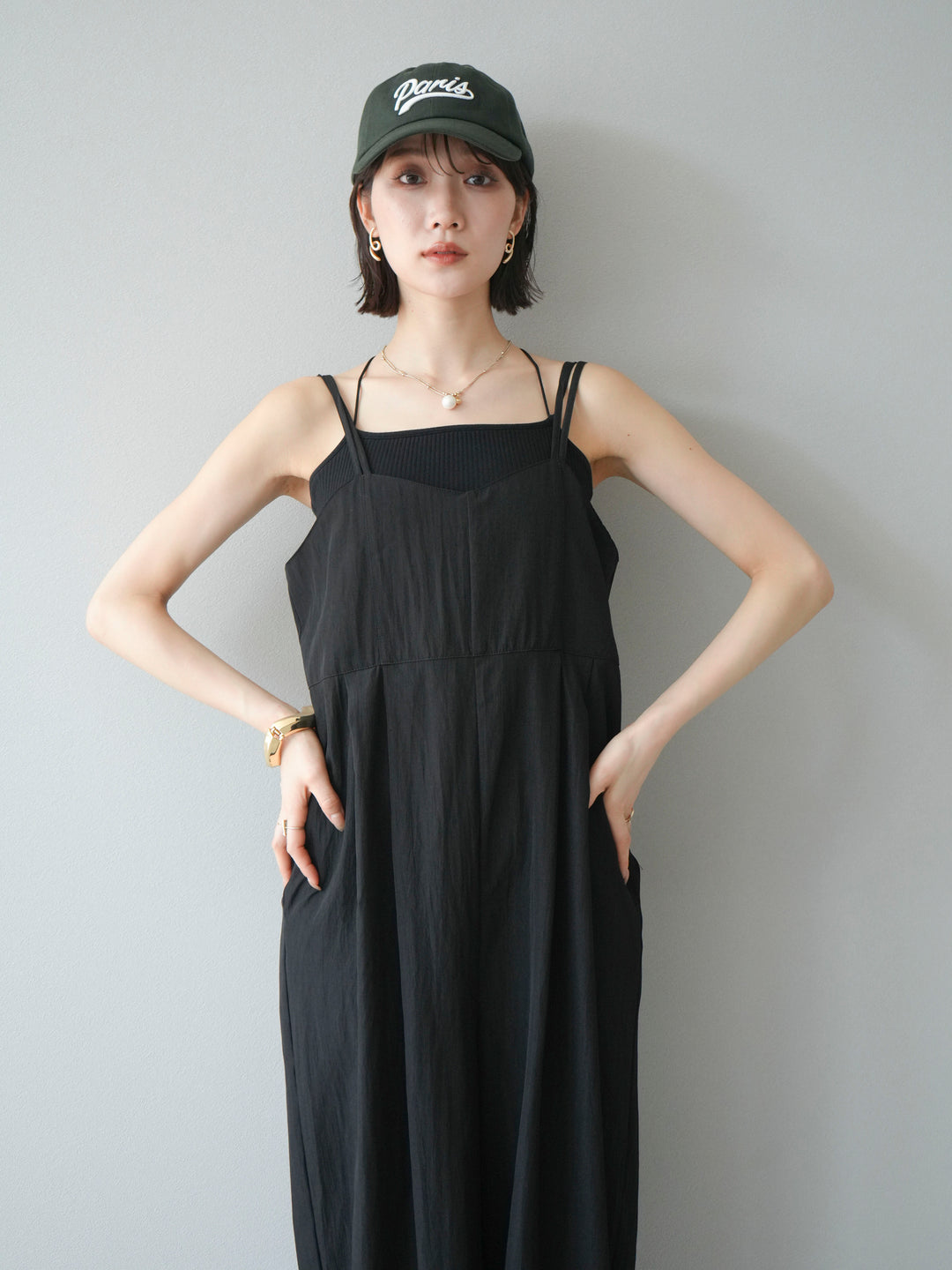 [SET]リネンライクビスチェデザインサロペット+ダブルストラップカットリブブラキャミソール(2set)