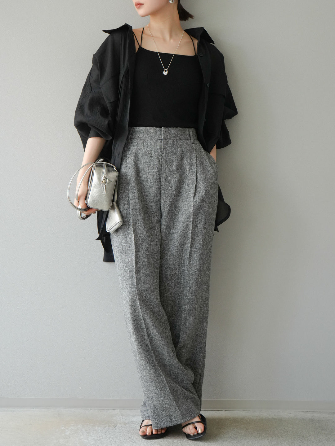 [預購] 混合粗花呢褶襉褲/黑色