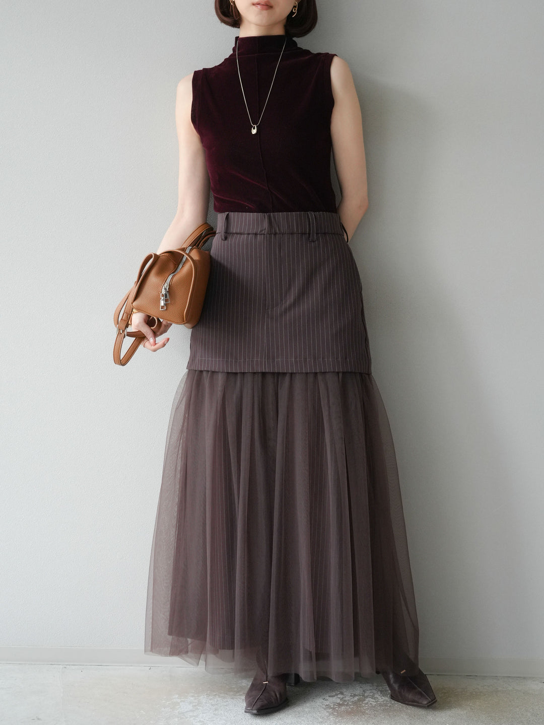 [予約]シアーベロアプチネックノースリーブトップス/ブラウン