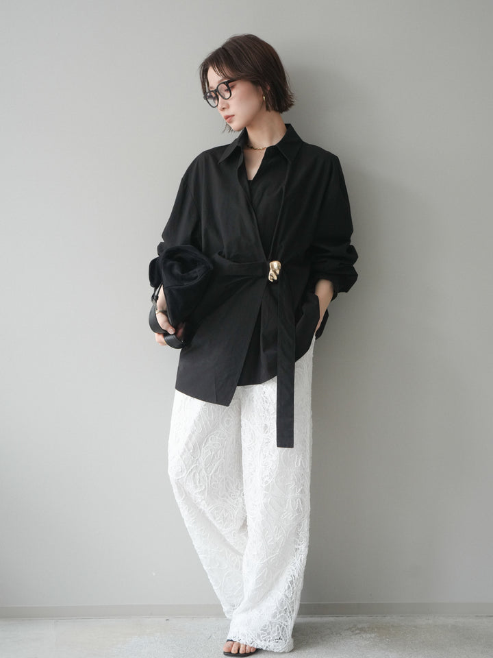[SET]メタルパーツドレープシャツ+シアーコードレースイージーパンツ(2set)