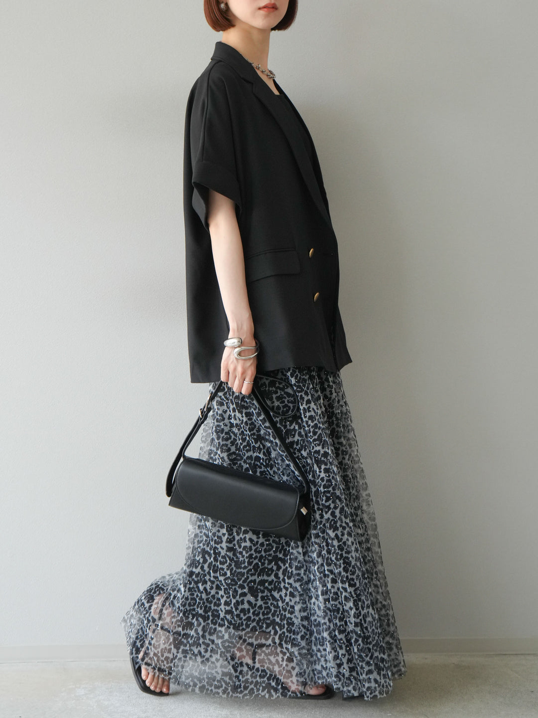 [予約]レオパードチュールレイヤードプリーツスカート/ブラック