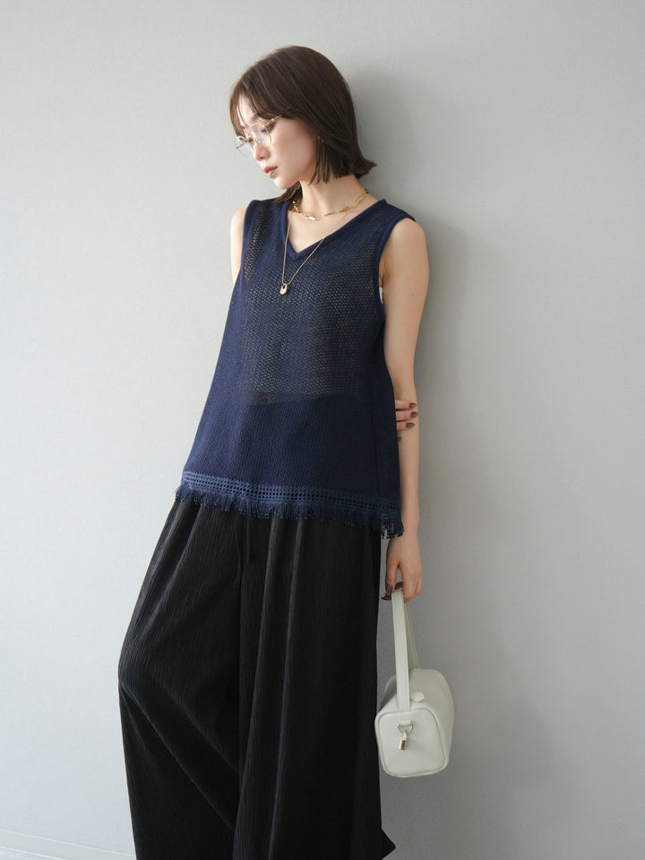 [予約]裾フリンジVネックニットタンクトップアンサンブル/ネイビー