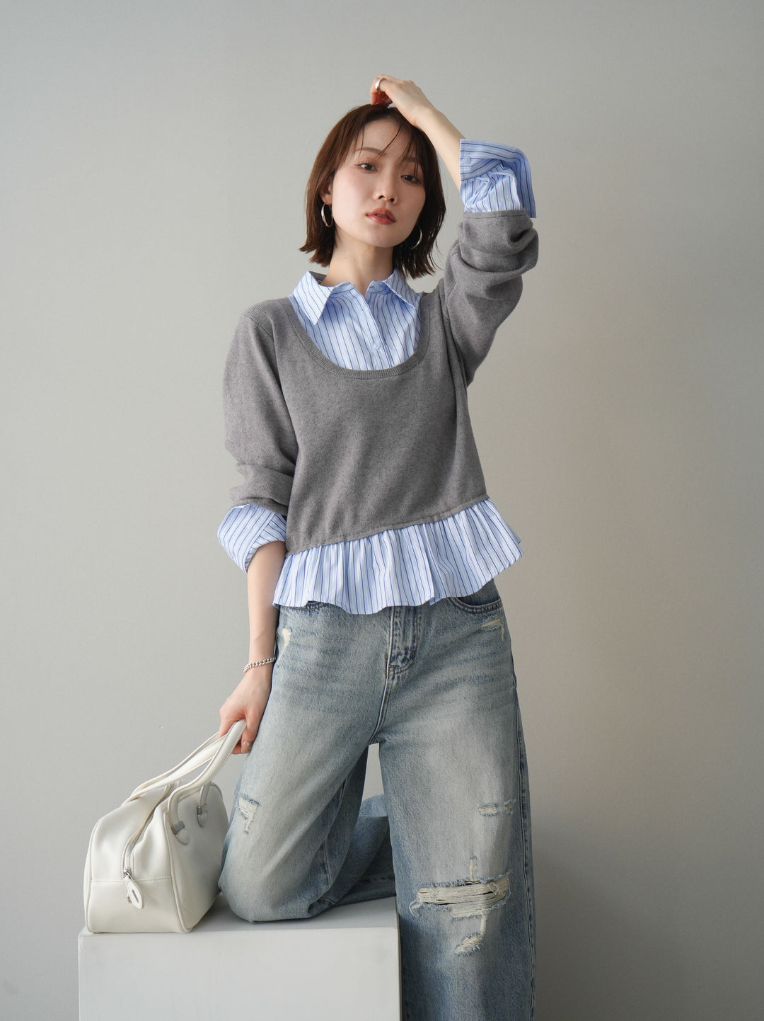 [予約]ストライプシャツUネックドッキングニットプルオーバー/graybluestripeA