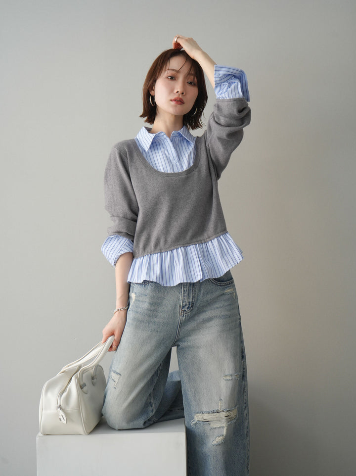 [予約]ストライプシャツUネックドッキングニットプルオーバー/graybluestripeA