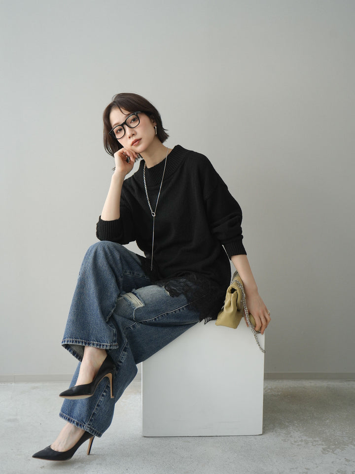 [SET]アシンメトリーレースヘムニットプルオーバー+アシンメトリーレースヘムニットプルオーバー(2set)