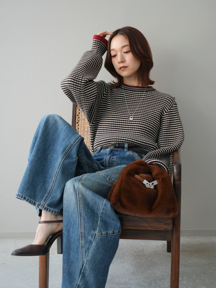 [SET]ラメ異素材ボーダーリブニットプルオーバー+ペインターカーブデニムパンツ(2set)