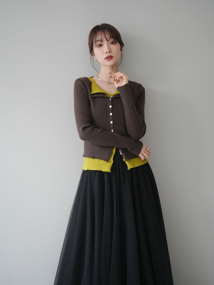 [予約]配色レイヤードリブニットカーディガン/brown