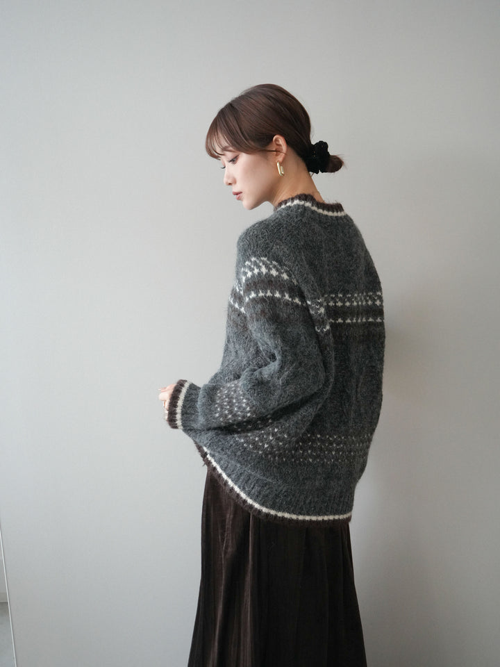 [予約]裾配色ノルディック柄ニットプルオーバー/gray