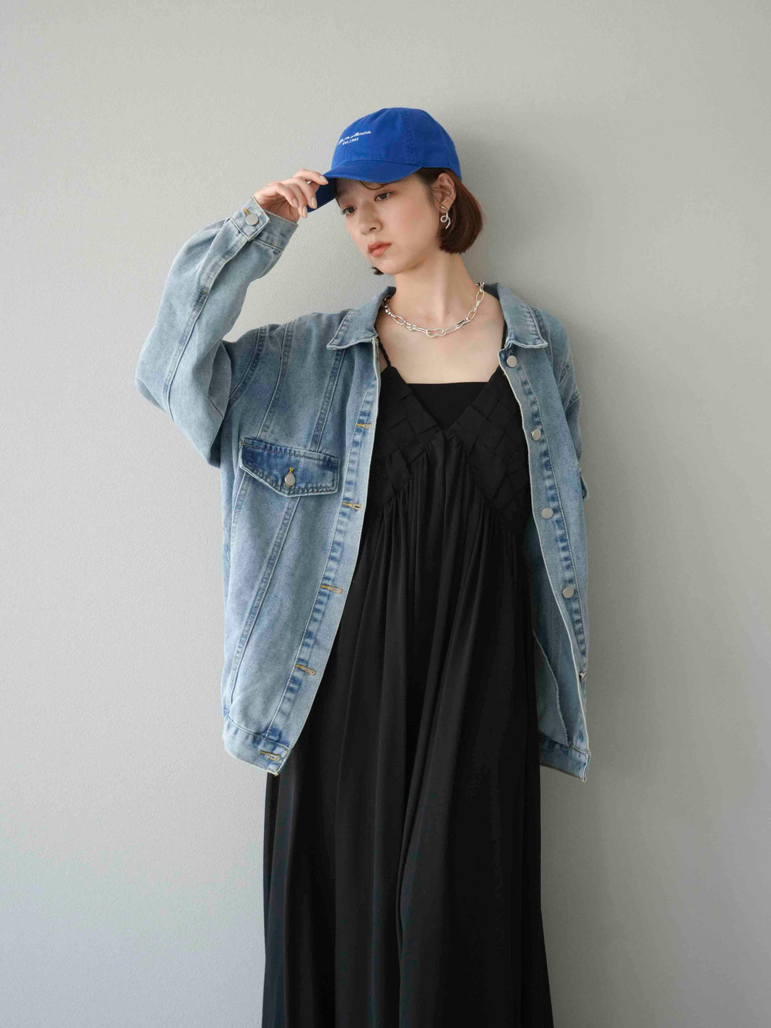 [予約]編み込みデザインシフォンワンピース/ブラック