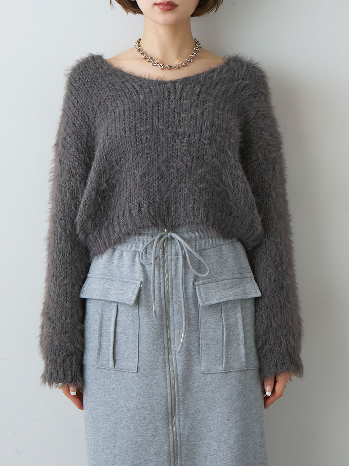 [予約]Vネックシャギークロップニットトップス/charcoal