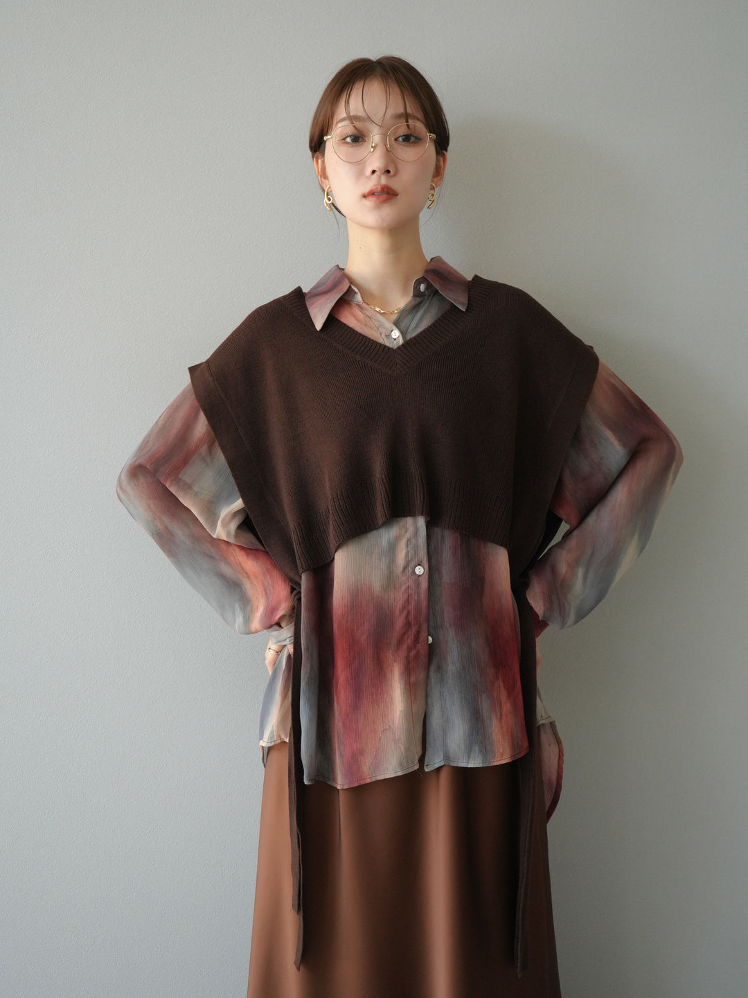 [予約]サイドリボンVネックショートニットベスト/ブラウン