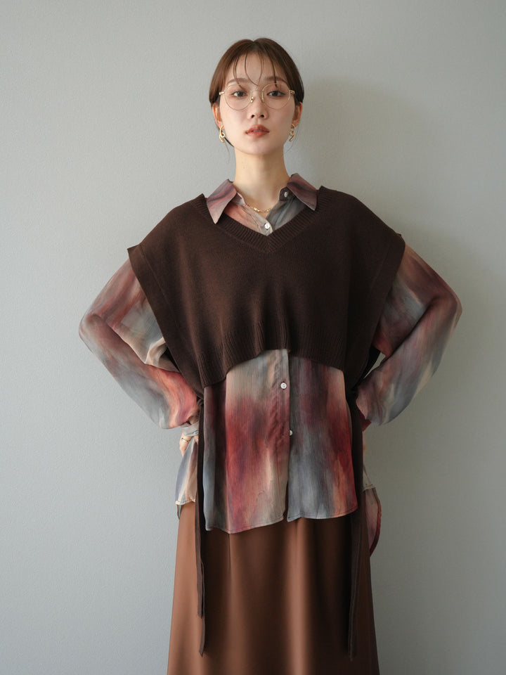 [予約]サイドリボンVネックショートニットベスト/ブラウン