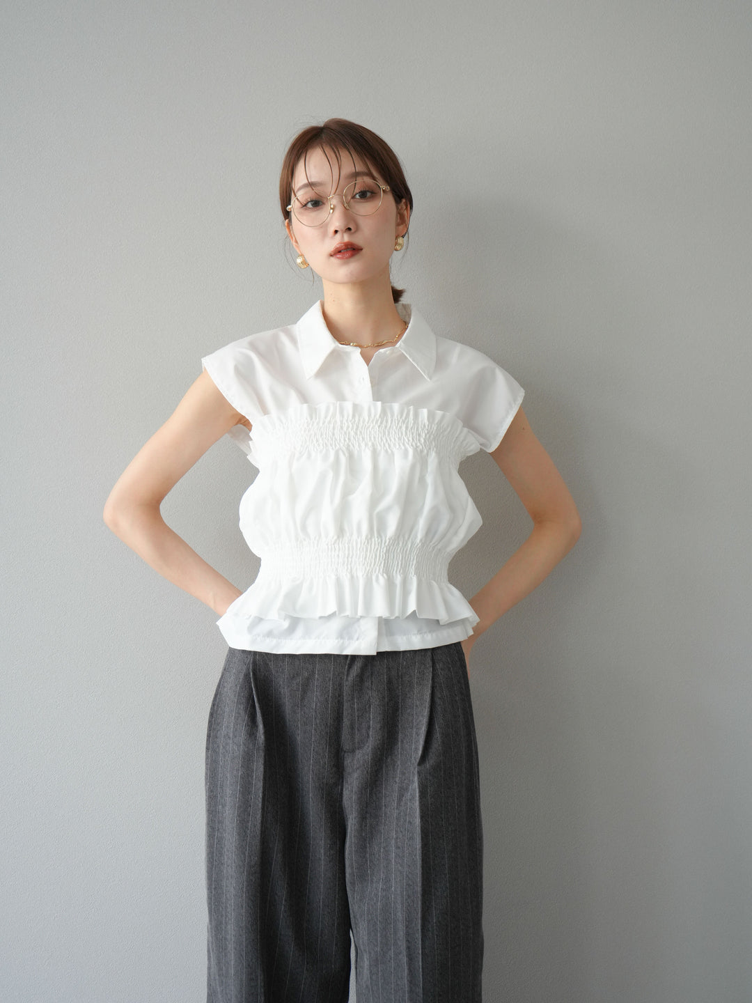 [予約]ブロードシャーリングビスチェ＆ノースリブラウスSET /オフ