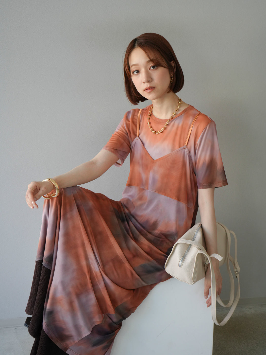 [予約タイダイ柄シアーキャミワンピース/オレンジ