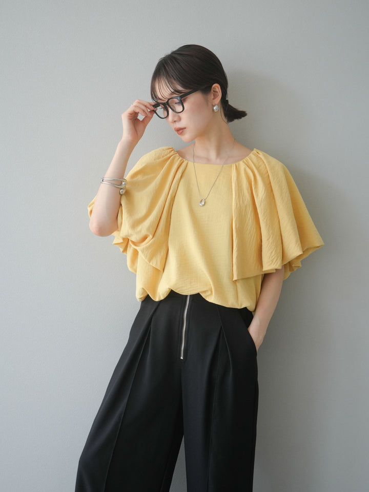 [SET] 燈籠袖褶襉設計上衣 + 拉鍊褶襉寬褲 (2 套)