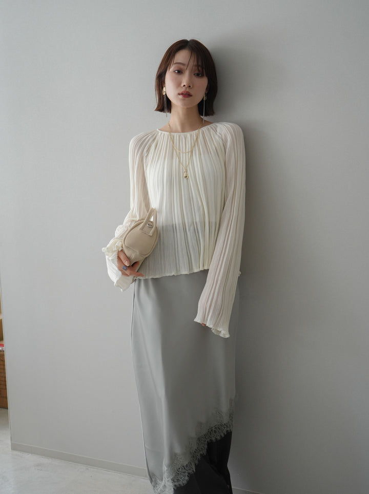 [SET]プリーツシアーフレアスリーブニットトップス+センターシームフレアパンツ(2set)