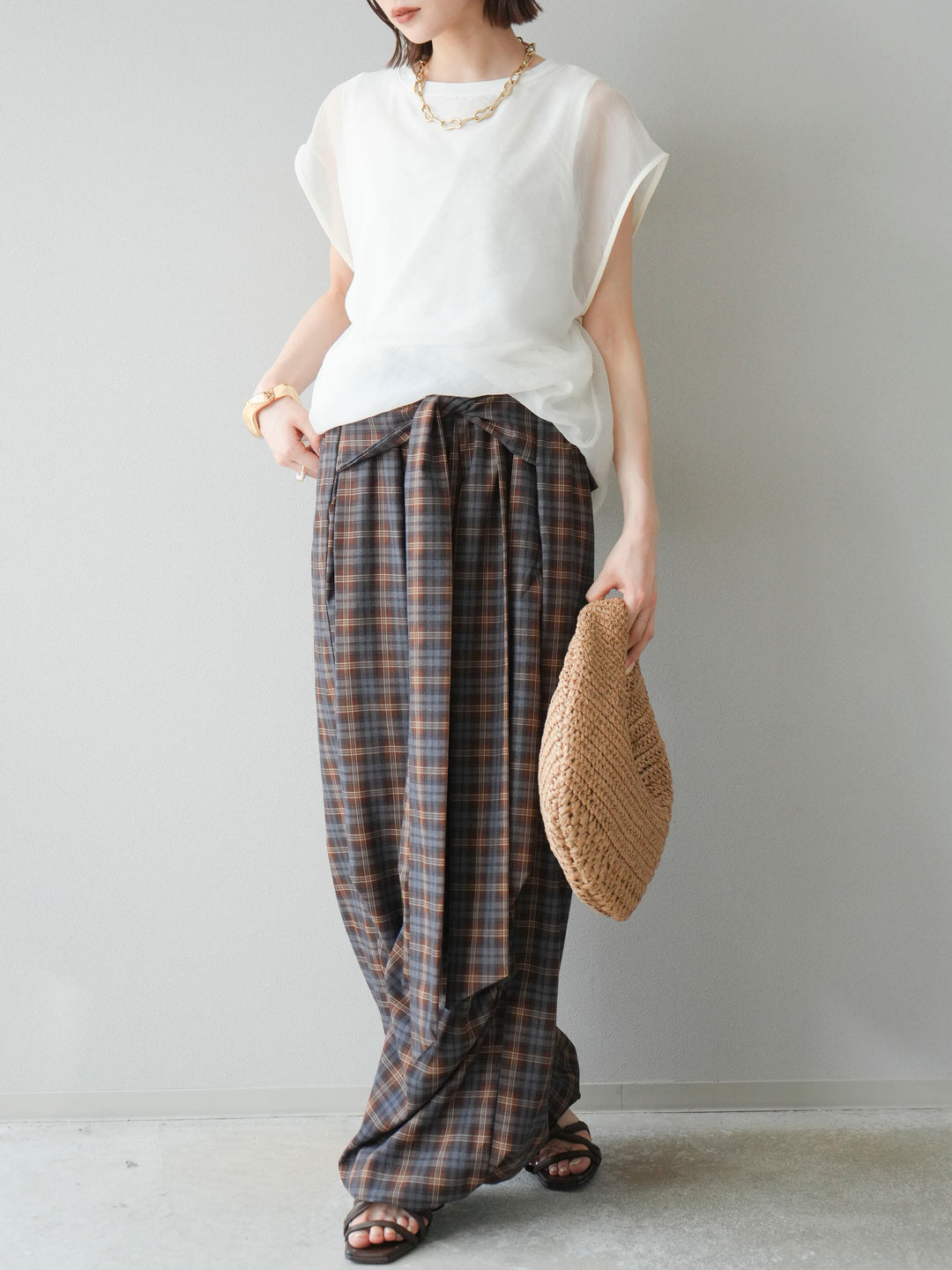 [予約]チェック柄ウエスト巻きドロストパンツ/ブラウン