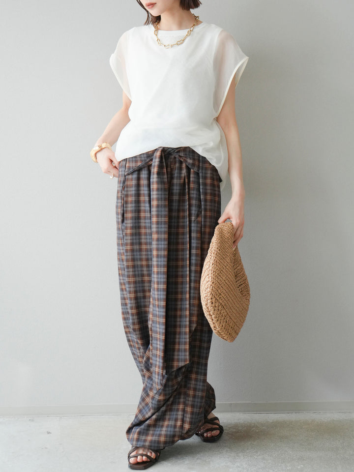 [予約]チェック柄ウエスト巻きドロストパンツ/ブラウン