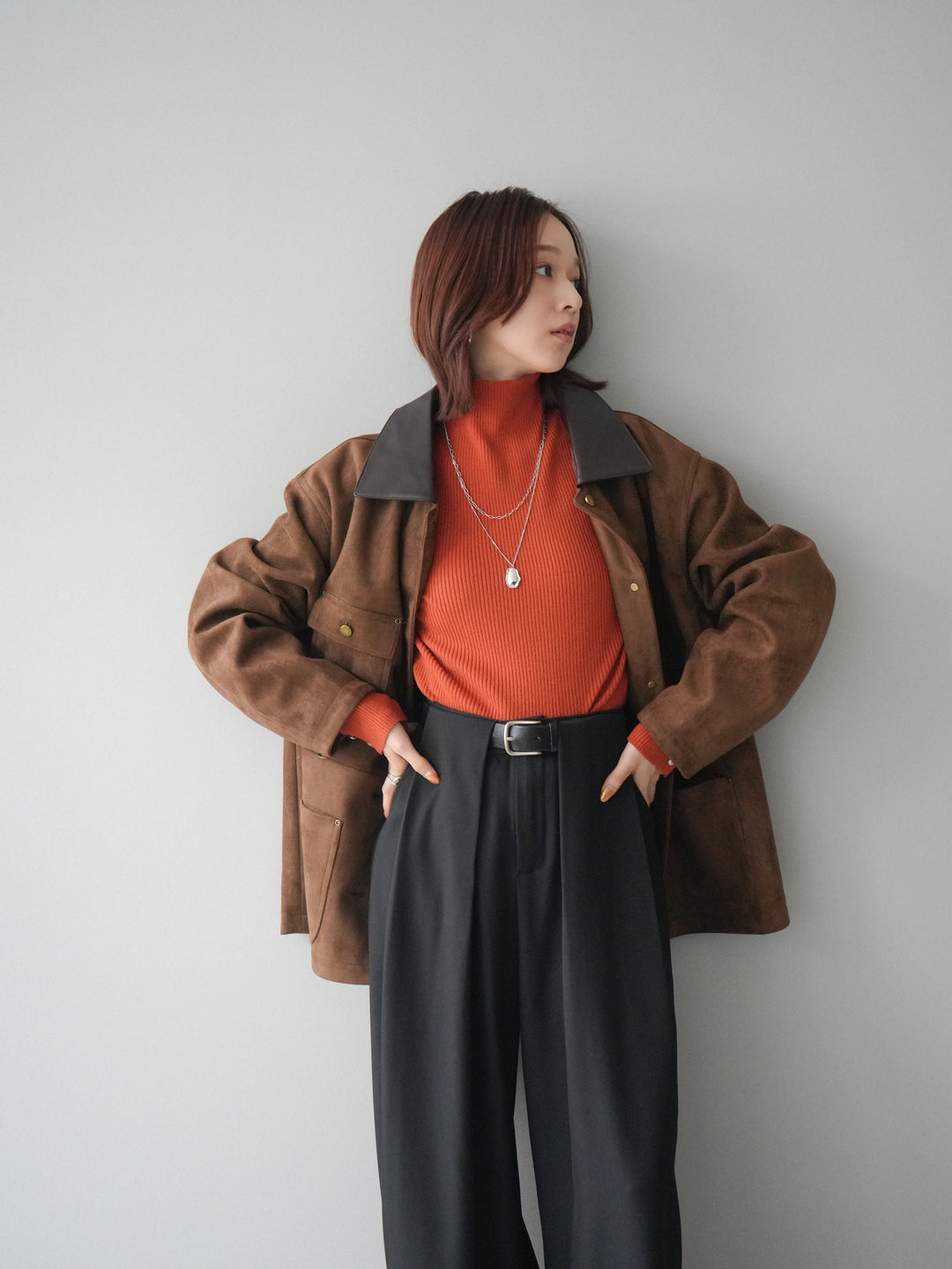 [SET]襟レザーステンカラースエードジャケット+袖ボタンボトルネックリブニットトップス+ベルトループデザインワイドパンツ(3set)